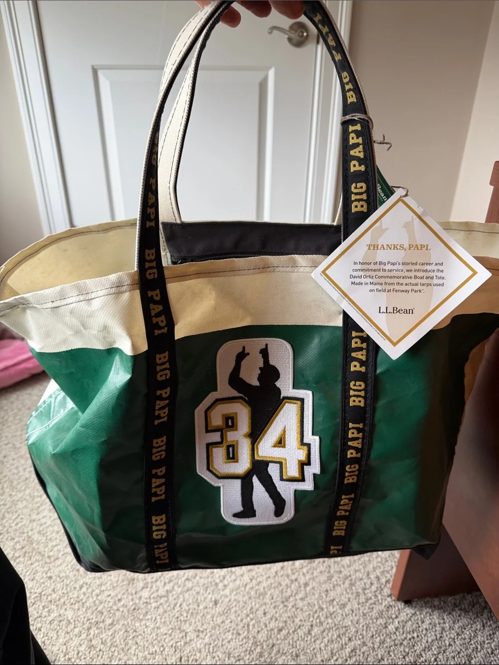 L.L. Bean Big Papi #34 Red Sox Collectible Green, White and Black Tote Bag